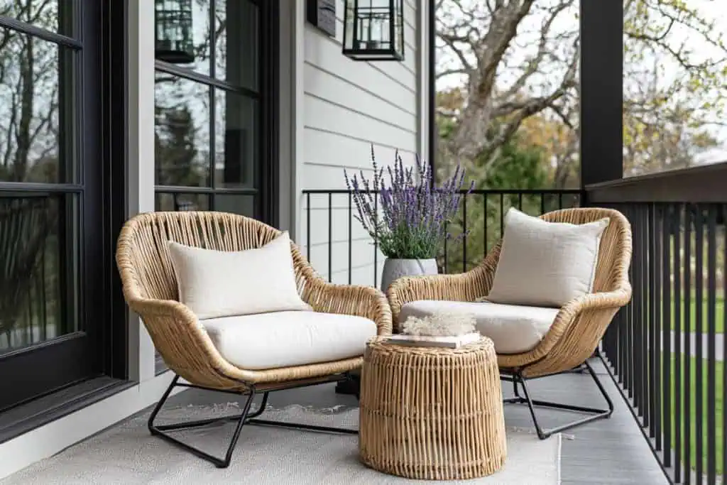 A modern spring porch decor arrangement with woven rattan chairs and neutral cushions. A lavender plant in a sleek gray pot adds a pop of color, while a small woven ottoman creates a cozy sitting nook. Black-framed windows and lantern sconces enhance the contemporary aesthetic.