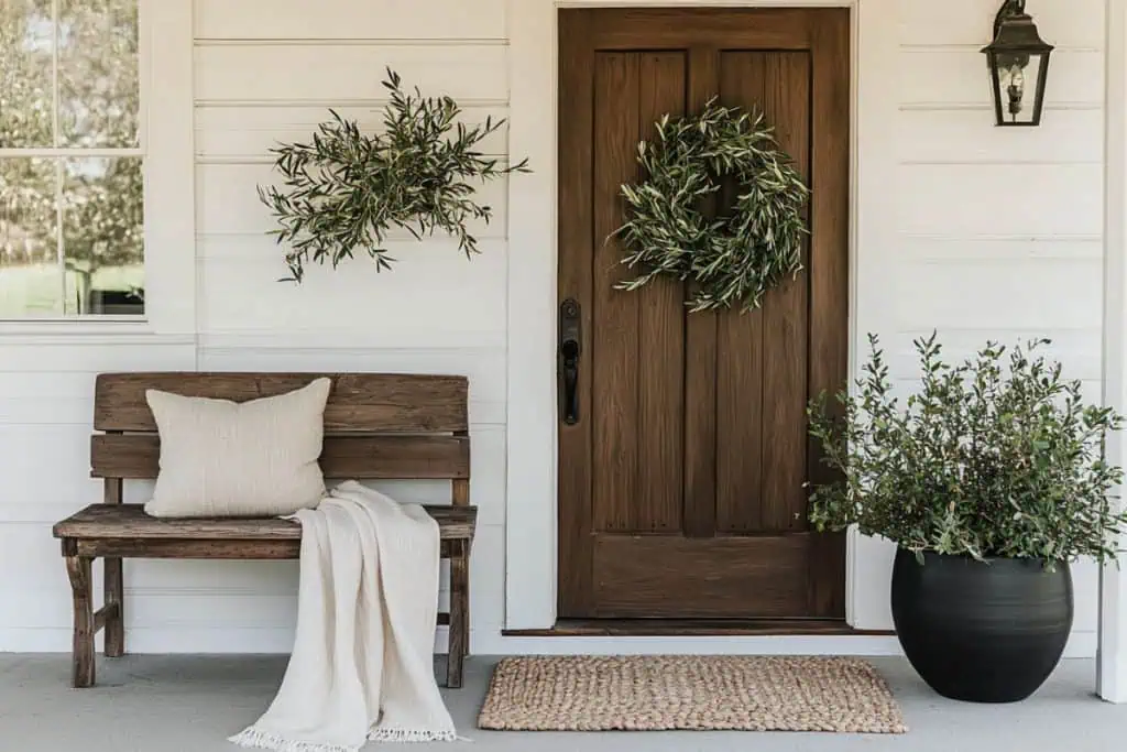 A rustic spring porch decor setting with a wooden front door, a greenery wreath, and a wooden bench with a neutral cushion and throw blanket. A black planter with an olive tree adds a touch of natural charm. A woven doormat and textured rug complete the farmhouse-inspired look.